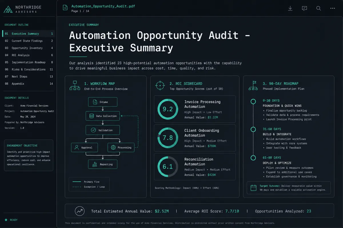 Sample Automation Opportunity Audit deliverable — workflow map, ROI scorecard, and 90-day roadmap